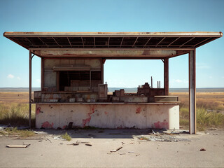 An abandonded foodstall at a remote location with a blue sky, generative ai
