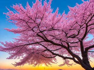 A Japanese Cherry Blossom with an Orange Skyline in the Background