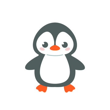 Cute cheerful gray fat penguin. Vector illustration of animal character in cartoon childish style. Isolated funny clipart on a white background. Cute print.