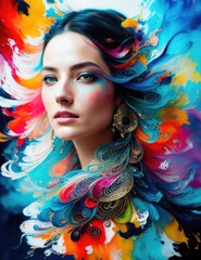 A bright, colorful portrait of a girl. Drawing with paints. Picture. Generative AI