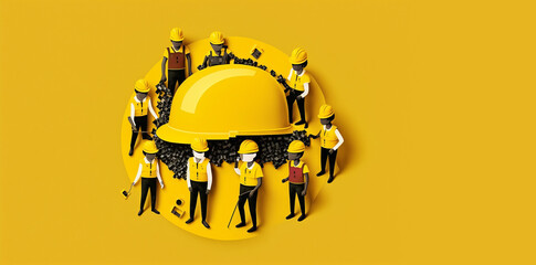 Group of workers wear yeallow hard hat and working thier job for web banner on a labour day,Generative AI