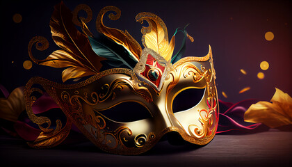 Carnival Venetian Mask on a dark table Mardi Gras Masq Generative AI