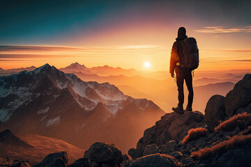 silhouette of a person on the top of mountain for motivational posters - made with generative ai