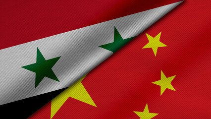 3D Rendering of two flags from Syrian Arab Republic and Islamic China together with fabric texture, bilateral relations, peace and conflict between countries, great for background