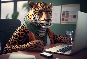 Portrait of an anthropomorphic jaguar as a developer in the office. Generate Ai.