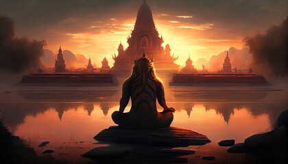 The lion yogi sits with his back in the lotus position Generate Ai.