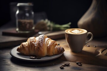 Cup of cappuccino coffee with croissant on wooden table