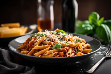 Classic italian pasta penne alla arrabiata with basil and freshly grated parmesan cheese on white table
