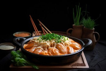 Cheesy Tokbokki korean traditional food on black background