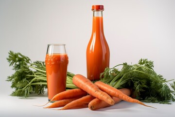 Carrot juice in a glass and bottle and fresh carrots with leaves on white background