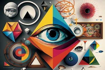 background with triangles with big eye, big brother, illuminati, conspiracy, surveillance art collage - obrazy, fototapety, plakaty