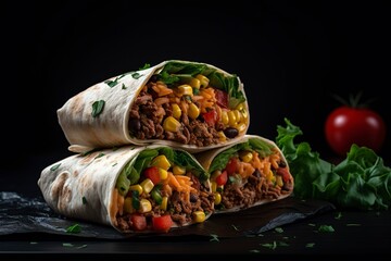 Burritos wraps with beef and vegetables on black background with Beef burrito mexican food