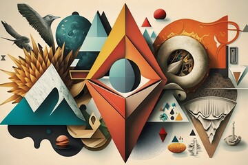 creative art collage with geometric forms coloful, orange sphere, pyramids