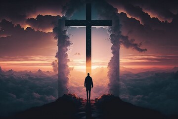 Man walking to enlighted crucifix thorugh a door of clouds, easter, belief, christianity