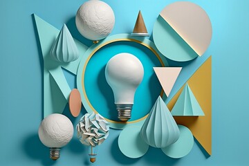abstract art collage with white light bulb with blue geometric bodies