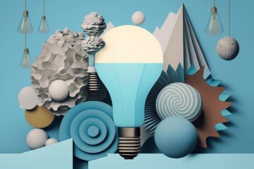 absract art collage about the nature of ideas with a light bulb in blueish grey germetrical forms