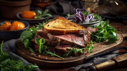 Beef Brisket Slices with a Fresh Salad and Toast