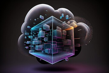 virtual digital cloud data storage art collage dark background IT