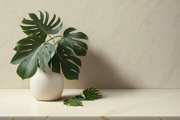 Marble counter for spa product presentation with monstera plant in vase