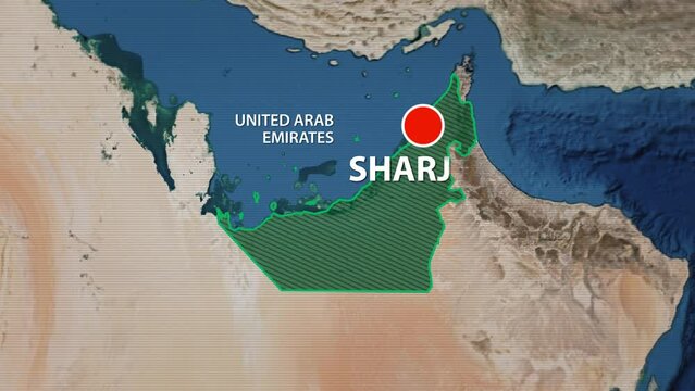 Designation of the borders of United Arab Emirates on the map and the mark of the location of the city of Sharjah