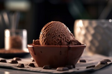 Scoop of tasty chocolate gelato with creamy texture in square shaped bowl on table