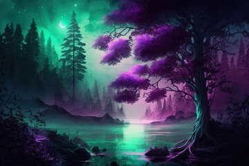 Fototapeta na wymiar Purple Mist and Emerald Trees in a Realm of Wonderment Generative AI