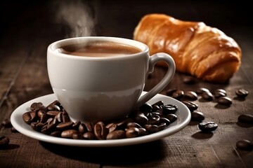 A fresh cup of coffee with coffee beans