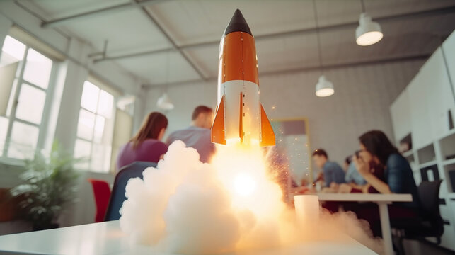 Fus&eacute;e qui d&eacute;colle sur fond de bureau flou. Concept de startup, vitesse, croissance et succ&egrave;s dans les affaires (AI)