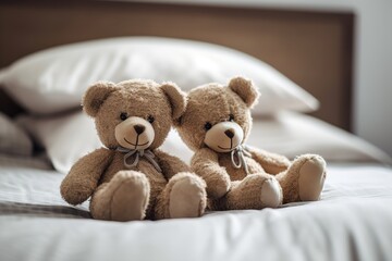 Two teddy bears sit on a bed 