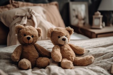 Two teddy bears sit on a bed 