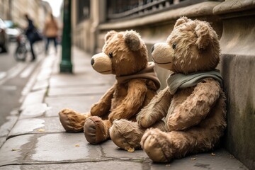 Two teddy bears sit on a street in a city