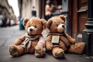 Two teddy bears sit on a street in a city