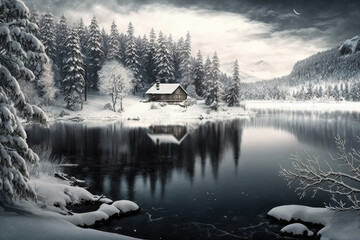 House on a lake during a snowstorm - christmas card - made with generative ai
