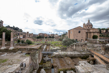 Roman Forum panoramic view with ancient ruins, UNESCO World Heritage Site, Rome, Lazio, Italy, Europe