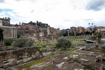 Fototapeta na wymiar Roman Forum panoramic view with ancient ruins, UNESCO World Heritage Site, Rome, Lazio, Italy, Europe