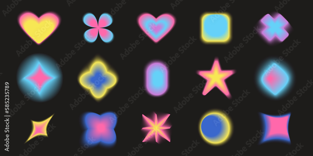 Poster gradient abstract blur shapes, blurry heart and floral aesthetic elements. colorful soft gradients. 