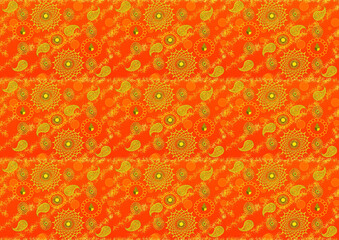 Beautiful golden-red background with oriental motifs, sun, geometric shapes. Beautiful pattern in retro style.