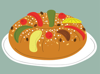Epiphany king cake drawing. Colorful vector illustration of latin king cake (rosca de reyes, bolo rei)