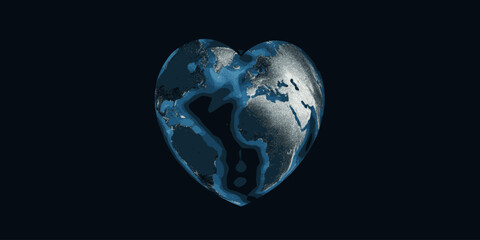 Earth as a heart seen from space, dark blue banner for Earth Day