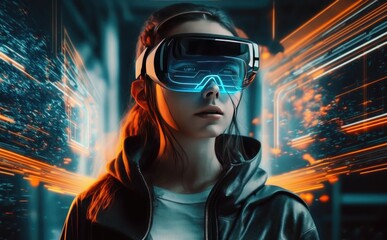 Fototapeta na wymiar futuristic metaverse game and entertainment digital technology with virtual reality VR goggle playing AR augmented reality game and entertainment,
