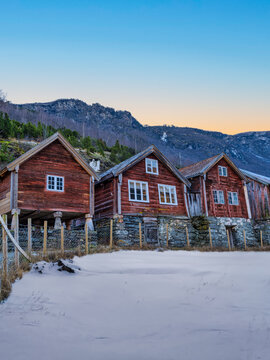 Traditional Vikings houses in Otternes Bygdetun during winter in Vestland, Sogn, Norway