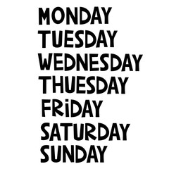 Set of weekdays. Monday, Tuesday, Wednesday, Thursday, Friday, Saturday, Sunday
