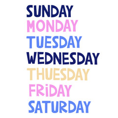 Set of weekdays. Monday, Tuesday, Wednesday, Thursday, Friday, Saturday, Sunday