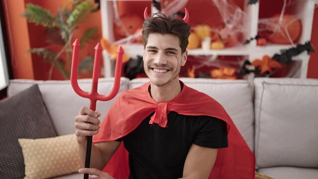 Young hispanic man wearing devil costume holding trident at home