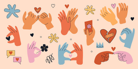 Concept of reconciliation friendship love and trust care Hand gestures sticker set - obrazy, fototapety, plakaty