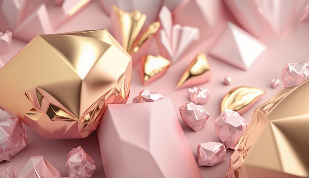 Pink and gold crystals on a pink background. Generative ai