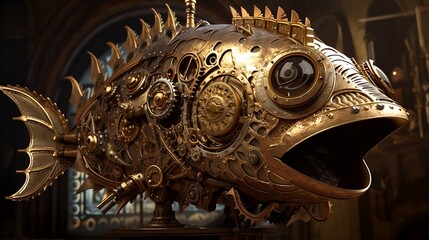 Steampunk artistic golden piranha made with Generative AI