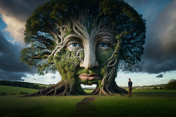 A giant tree that has the face of a man on a meadow. Generative AI - obrazy, fototapety, plakaty