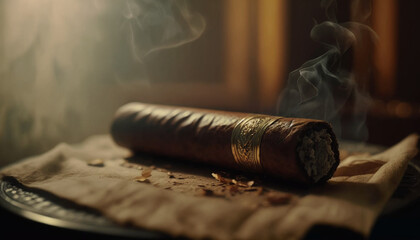 Fototapeta na wymiar Cuban cigar with smoke close up view Generative AI