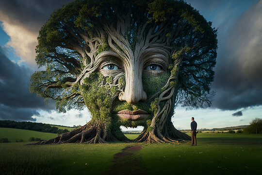 A giant tree that has the face of a man on a meadow. Generative AI